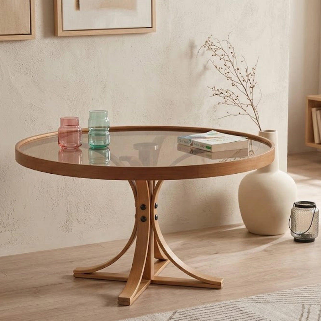 Santhia, Tavolino da Salotto Piano in Vetro Temperato, 80x80x47h cm Marrone Rovere