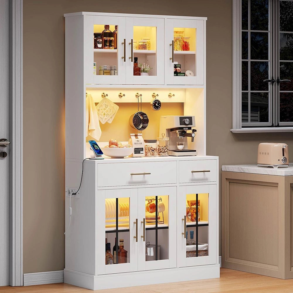 Buffet cucina con LED e presa - Xylo - 180x100 - Bianco - 6 porte 2 cassetti
