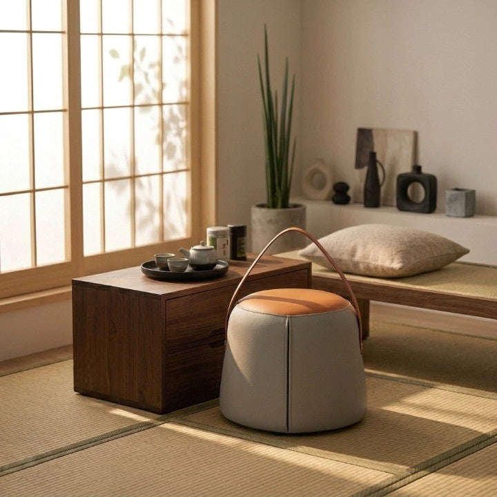 Pouf in pu con maniglia in pu e seduta imbottita, struttura compatta e facile da spostare, grigio e arancione