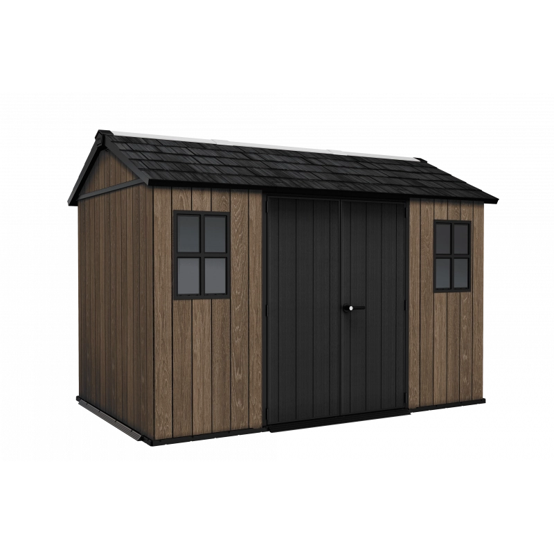 Casetta da giardino in resina effetto legno EVOTECH+ 350x230 cm - pavimento e doppia porta - carico neve 150 kg/m² – Apex 7511/1175 Signature Walnut - Keter