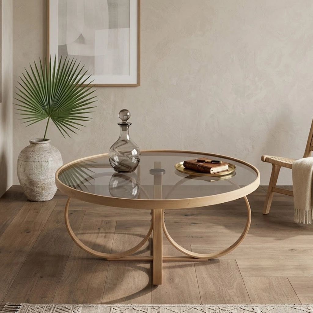 Gargallo, Tavolino da Salotto Piano in Vetro Temperato, 100x100x47h cm Marrone Rovere