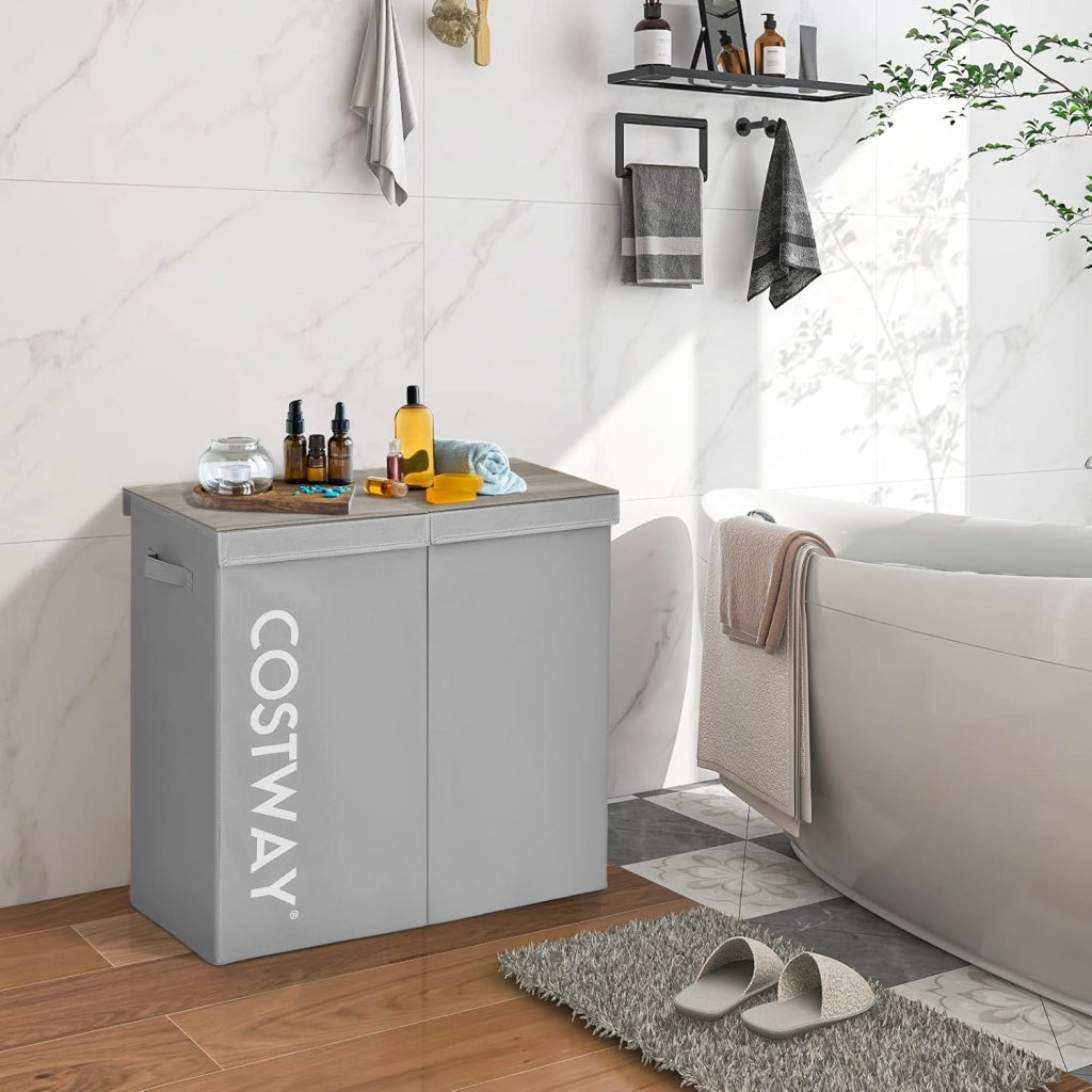 115 L Cesto Portabiancheria con Coperchio, Portabiancheria Sporca con 2 Scomparti e Maniglie, in Tessuto Non Tessuto, Ideale per Bagno Lavanderia, 62 x 31 x 60 cm (Grigio)