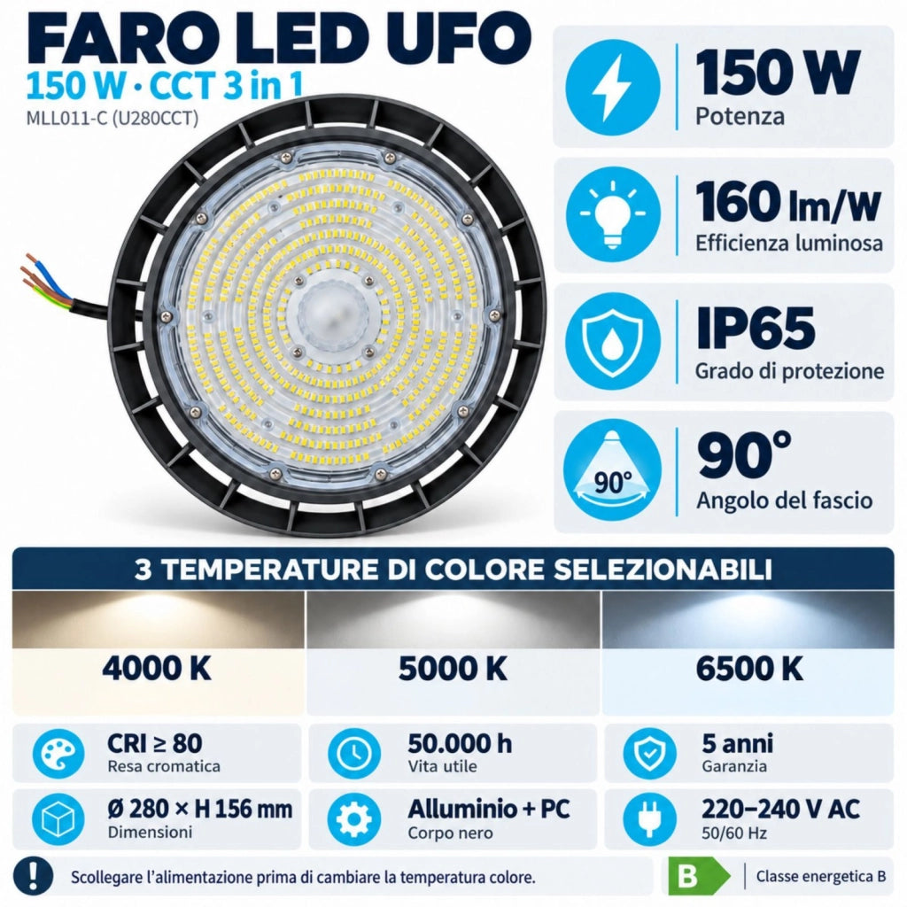 Faro Led Industriale UFO CCT 150W 160lm/W 24000 LM IP65 Disco Rotondo Per Capannoni