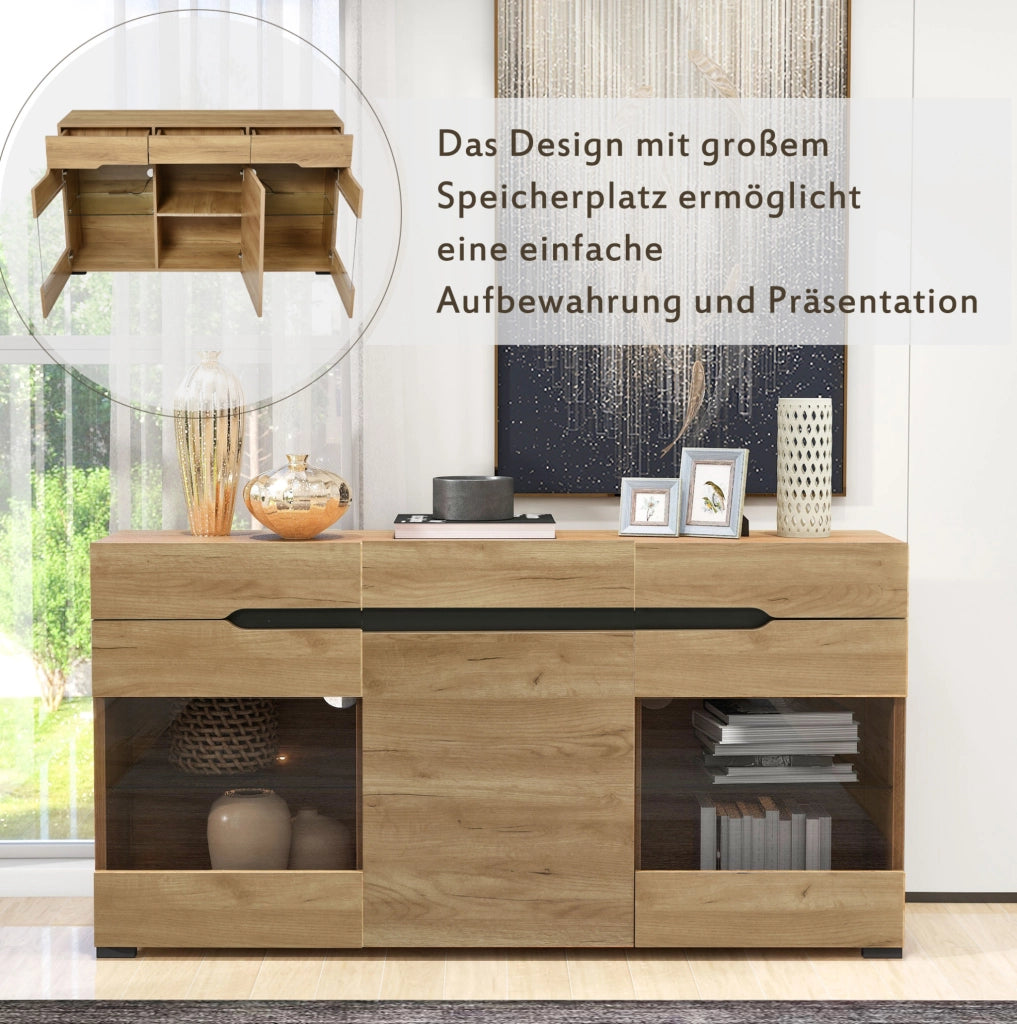 Credenza moderna rovere con LED, 3 vani e 3 cassetti