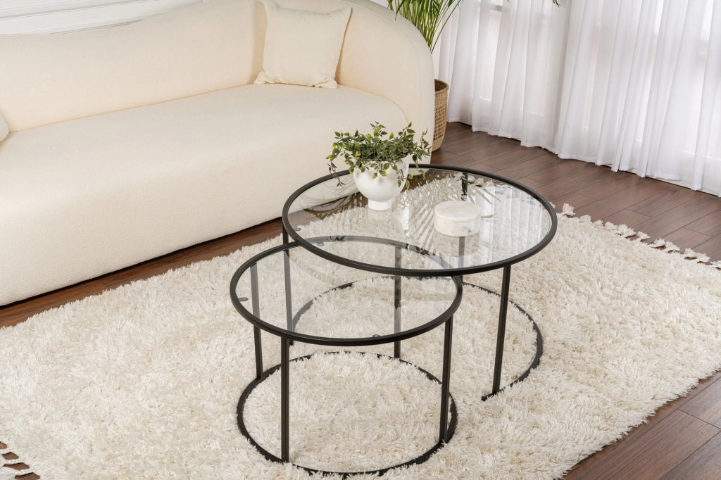 Set di 2 tavolini da caffè in metallo "Aurum" - 80 x 80 x 43 cm - Nero/Trasparente