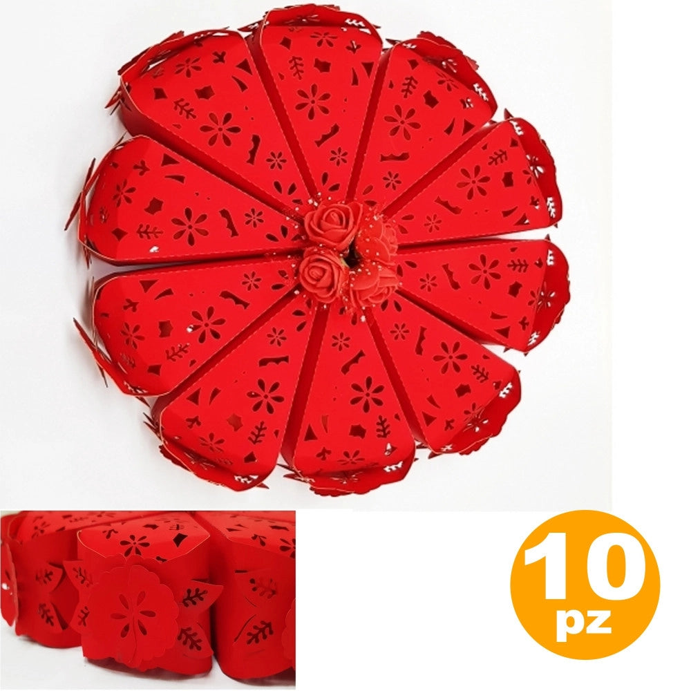 Trade Shop - Set 10 Bomboniera Bomboniere Scatolina Spicchi Torta Rosso Fiore Portaconfetti -
