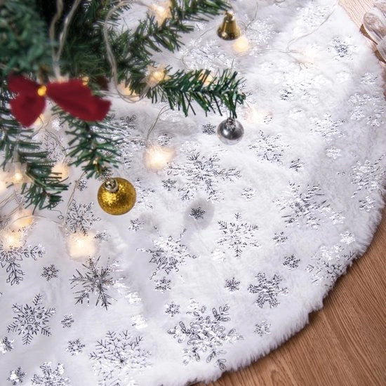 Abito da Natale per albero 120 cm - Felpa grande - Fiocchi di neve - Telaio - Decorazione - Chiusura con cinturino - Coperta per albero di Natale