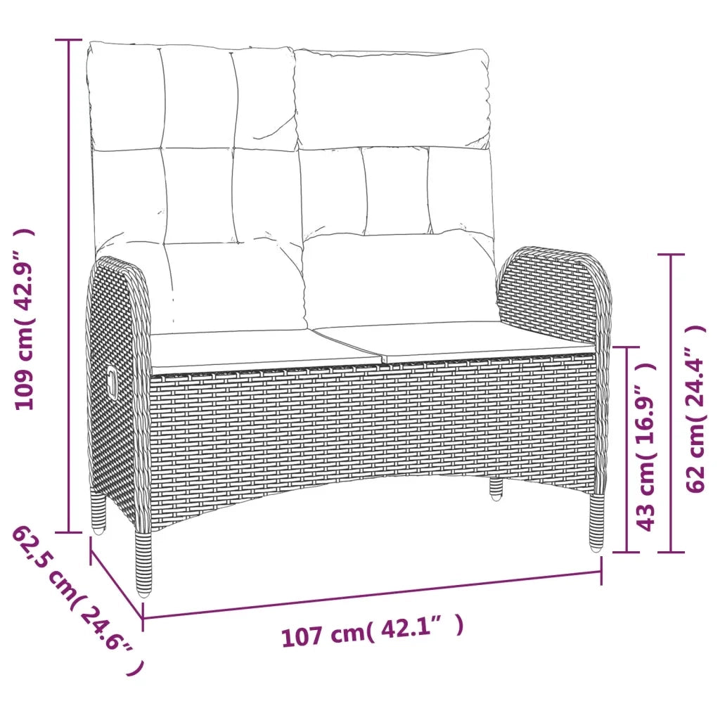 Panca Reclinabile da Giardino con Cuscini-Sgabello-Sedia da esterno 107cm Polyrattan Nera