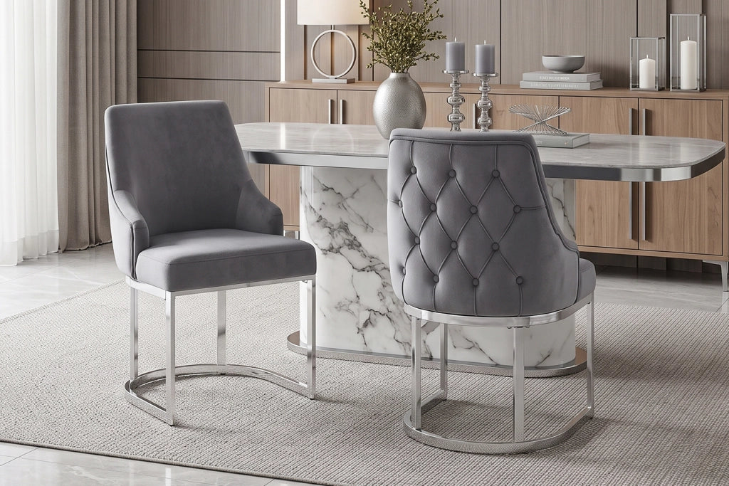 2 sedie da pranzo in velluto con schienale trapuntato 3D e gambe metalliche galvanizzate moderne grigio argento