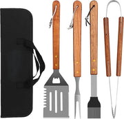 Impianto di Barbecue in Acciaio Inox con Maniglie in Legno, 4 Pezzi, Compreso una Tasca Portatile Pratica per il Trasporto Facile