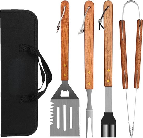 Impianto di Barbecue in Acciaio Inox con Maniglie in Legno, 4 Pezzi, Compreso una Tasca Portatile Pratica per il Trasporto Facile