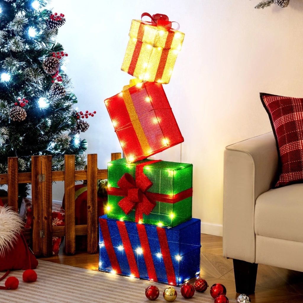 Pacchi regalo decorativi con 51 luci LED caldi fiocchi e combinazione flessibile, Set di 4 scatole regalo a LED di natale