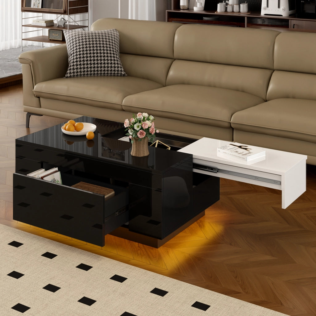 OKWISH Tavolino da Caffè Moderno con Piano Estensibile e Cassetto Nascosto, LED Bluetooth, per Soggiorno, MDF, Nero e Bianco, 80×50×35,5 cm