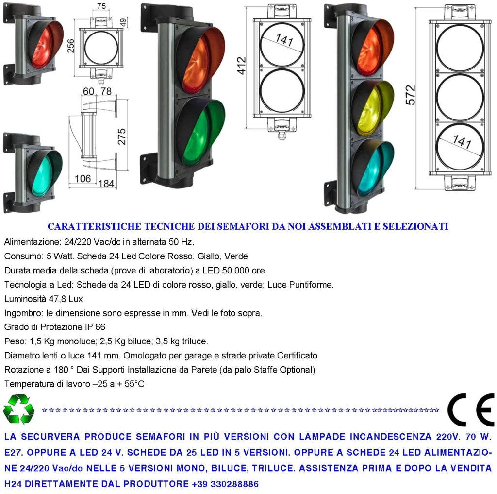 Semaforo Luce Gialla Emessa da 24 Led Gialli 24/220 5 W Omologato Securvai Corpo in Profilato di Alluminio IP66 Diametro luce 141 mm Supporti di Fissaggio Orientabili 360 ° da Parete Segnalazione di Stop o Preavviso