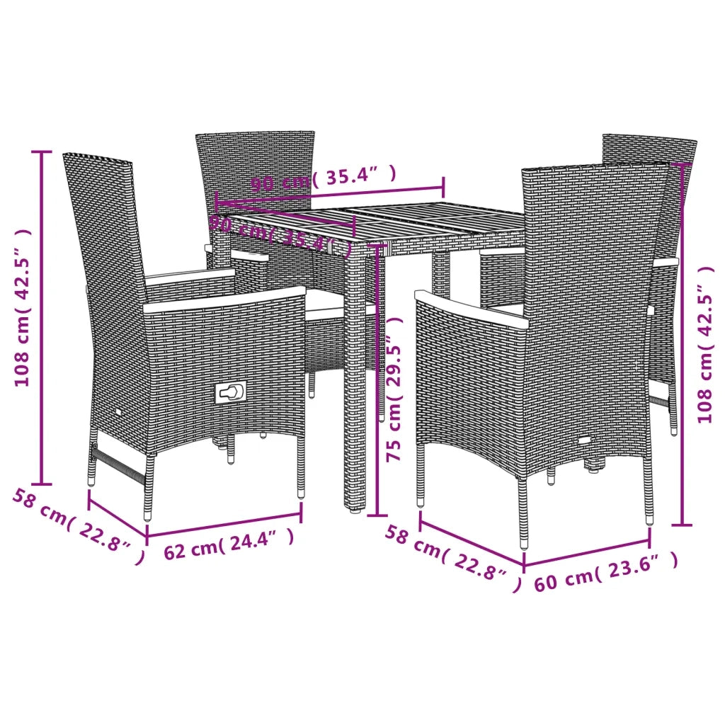 Set da Pranzo da Giardino 5 pz Nero con Cuscini in Polyrattan