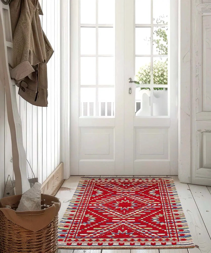 Tappeto passatoia KENYA ROSSO salotto soggiorno camera, disegno kilim etnico africano, multiuso lavabile antiscivolo cm.65x220 corsia