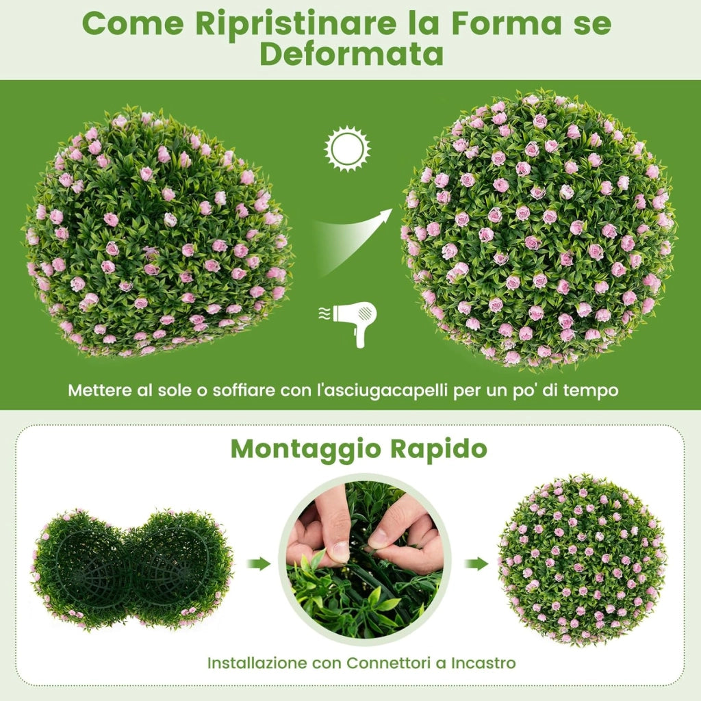 Set di 2 Palla Topiaria con Fiori Finti 37 cm per Vaso, Sfera di Fiori Sintetica in PE da Giardino, Palline di Bosso Artificiali Decorative Realistico Arredamento da Interno ed Esterno
