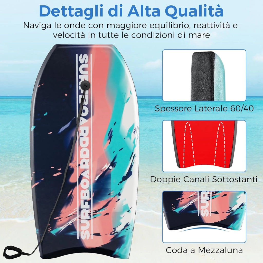 Tavola da Surf 41", BodyBoard con Guinzaglio per Polso in XPE + EPS + HDPE, Tavoletta Surf Leggero per Bambini, Ragazzi e Adulti