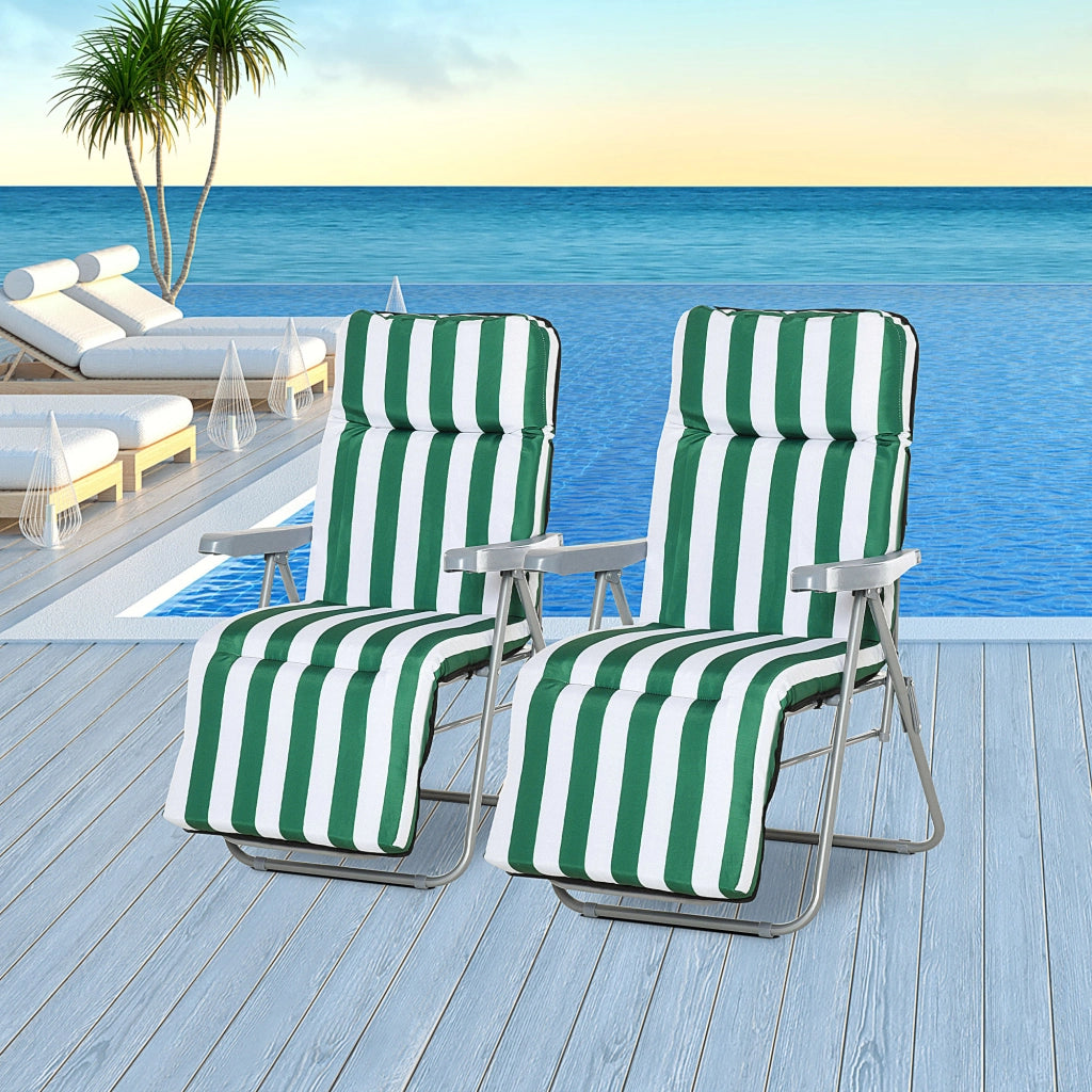 Sdraio da Giardino Pieghevole 2 Pezzi ¨C Minimal ¨C Verde e Bianco con Cuscino