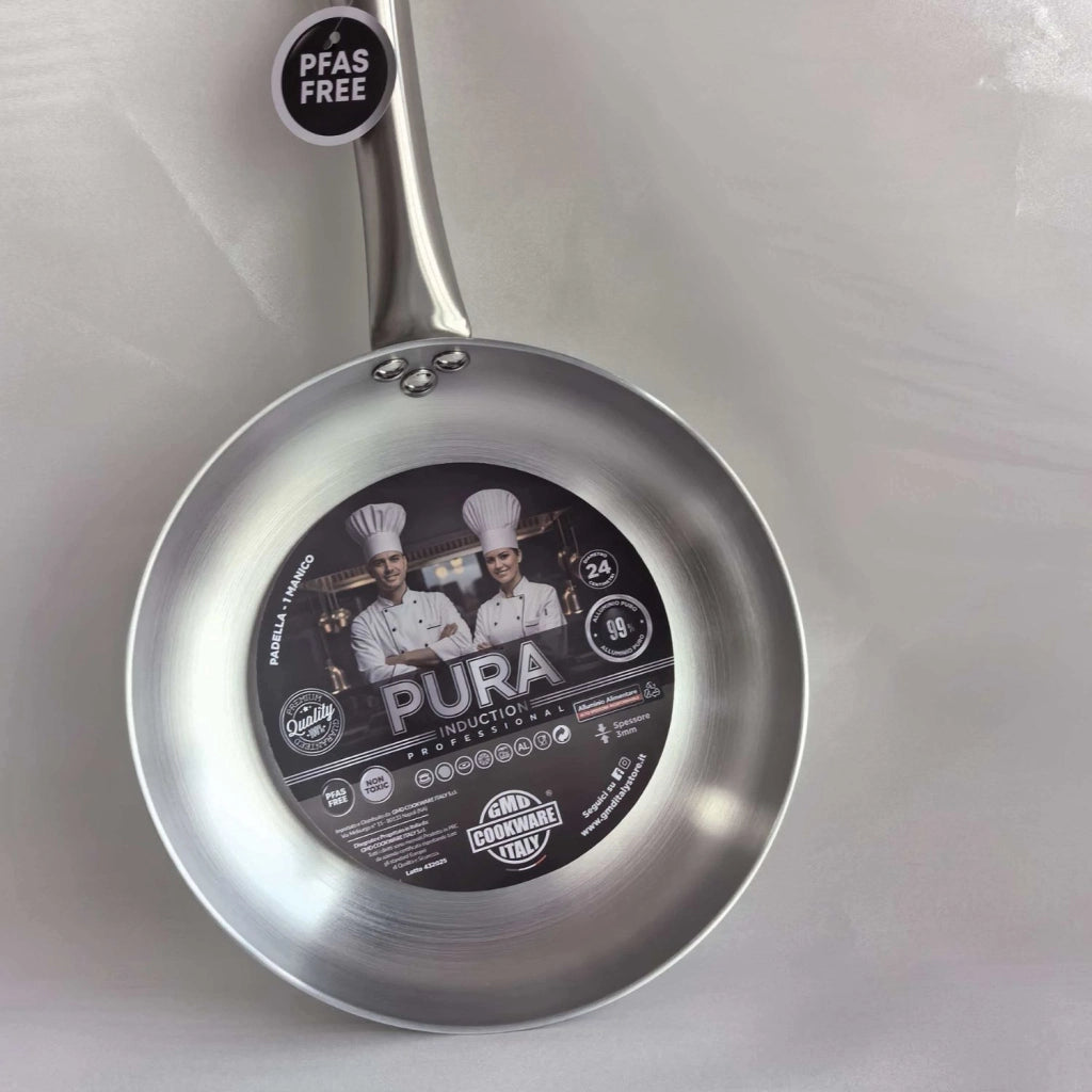 Padella Ø 26 cm in Alluminio Puro 99% - Linea Pura Induzione - Senza Rivestimento Antiaderente PFAS Free - Idonea al Forno - 3 mm - GMD Italy