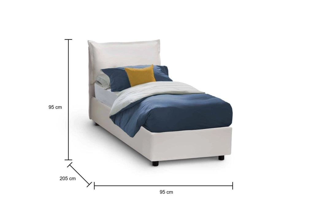 Letto singolo Janet, Letto contenitore con rivestimento in ecopelle, Made in Italy, Apertura frontale, con materasso cm 80x190 incluso, Bianco