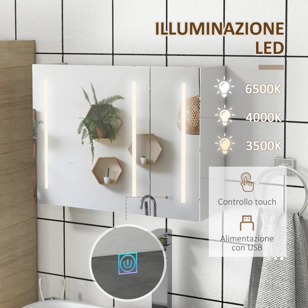Specchio da Bagno con Luce LED e Porta USB ¨C Xylo ¨C Bianco 90x15x70cm