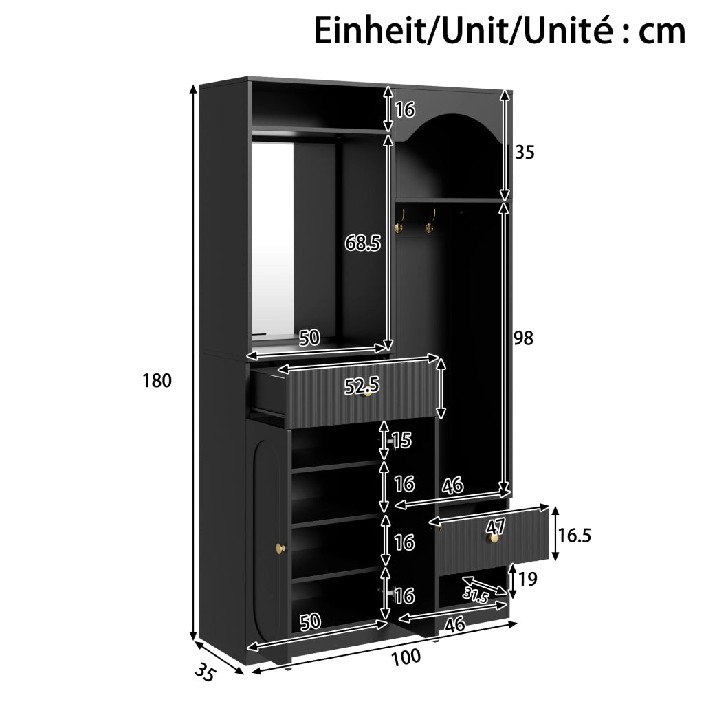 Mobile da ingresso con specchio, panca, appendiabiti, 2 ante, cassetti e LED regolabili, nero, 100 × 35 × 180 cm