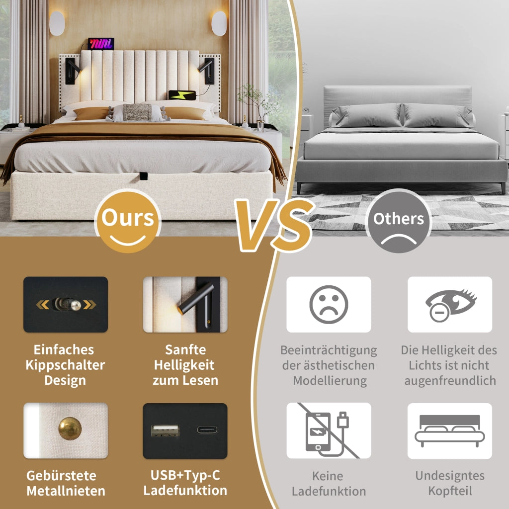 Letto matrimoniale – 140x200 cm – luce USB borchie rete – cotone beige