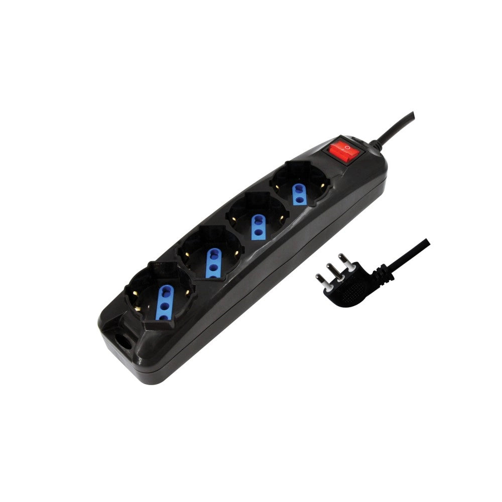 Alca power multipresa nera con 4 prese universali spina a 90° cavo da 1,5mt con interruttore