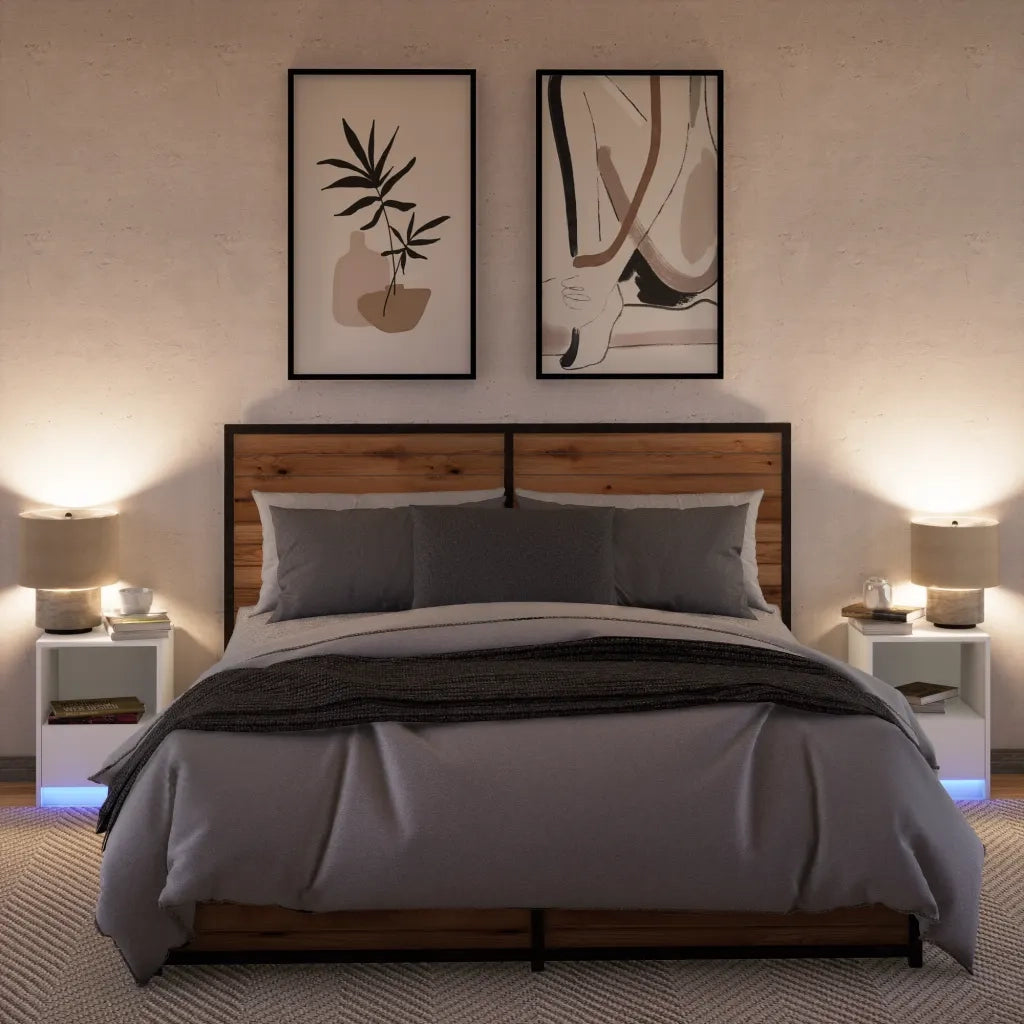 Set di 2 Comodini | Armadio da Notte | Mobiletto da notte con Luci LED Bianchi in Legno Multistrato