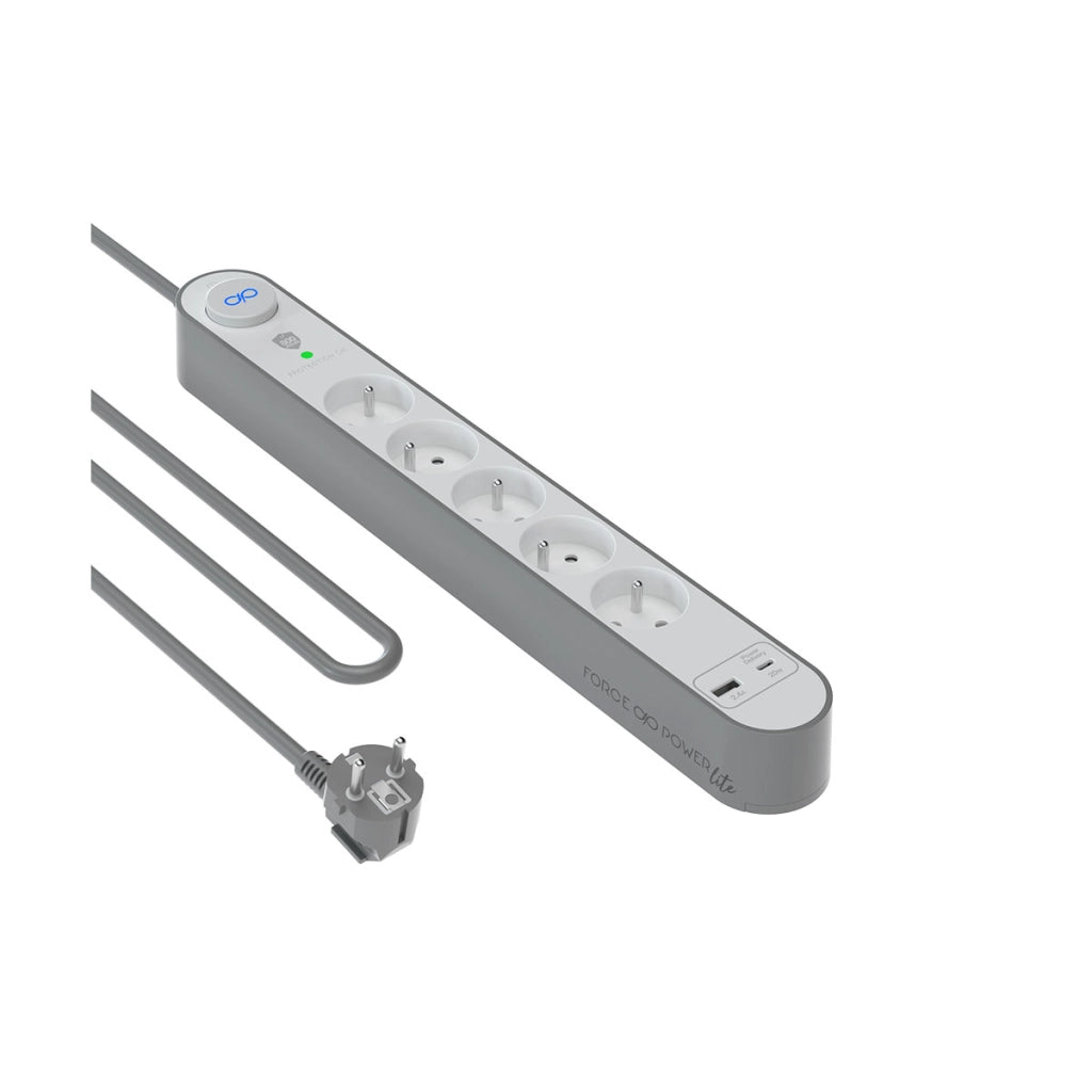 E-Type 800 Joule 5-Plug Lightning Protection Cavo di prolunga con porte USB-A e USB-C 1,5m Argento Force Power