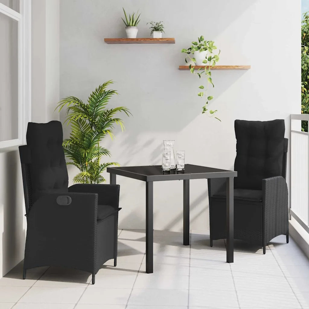 Set da Pranzo per Giardino con cuscino 3 pcs Nero polyrattan