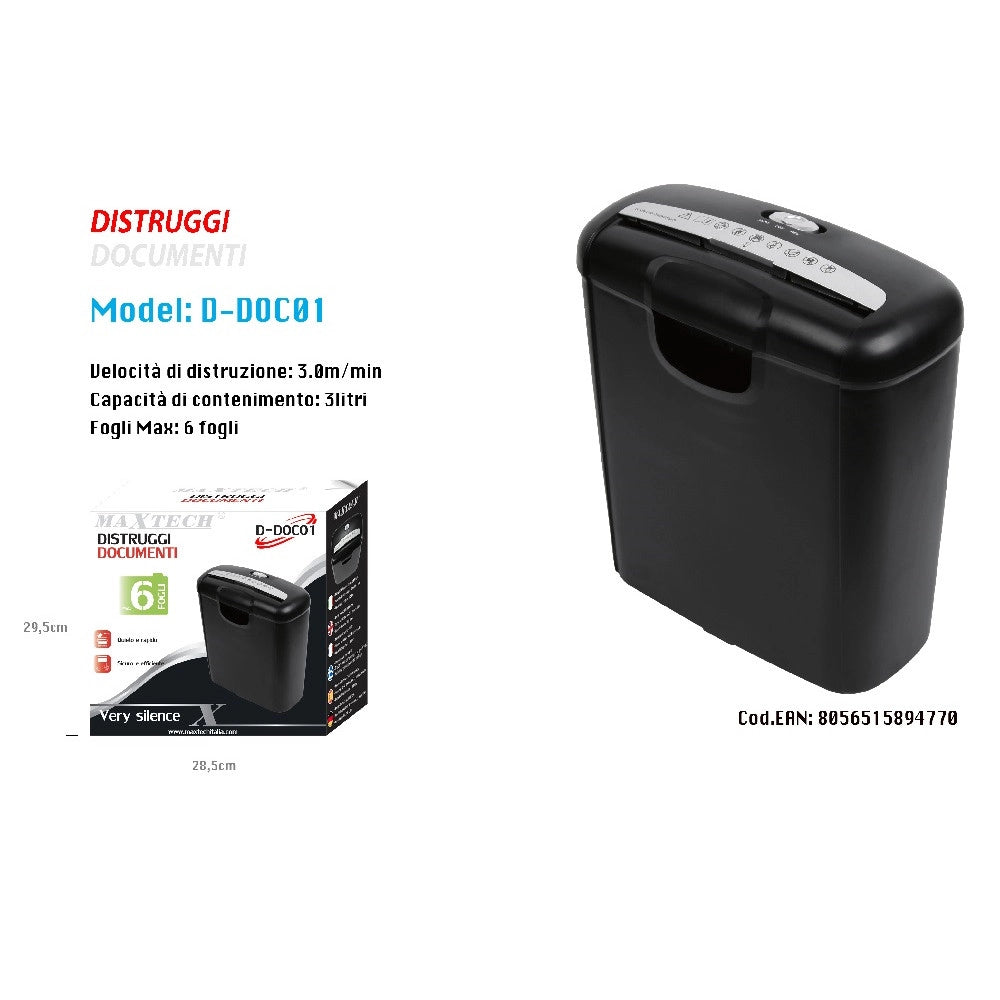 Trade Shop - Contenitore Cestino Trita Distruggi Documenti Carta Fino 6 Fogli Maxtech D-doc01 -