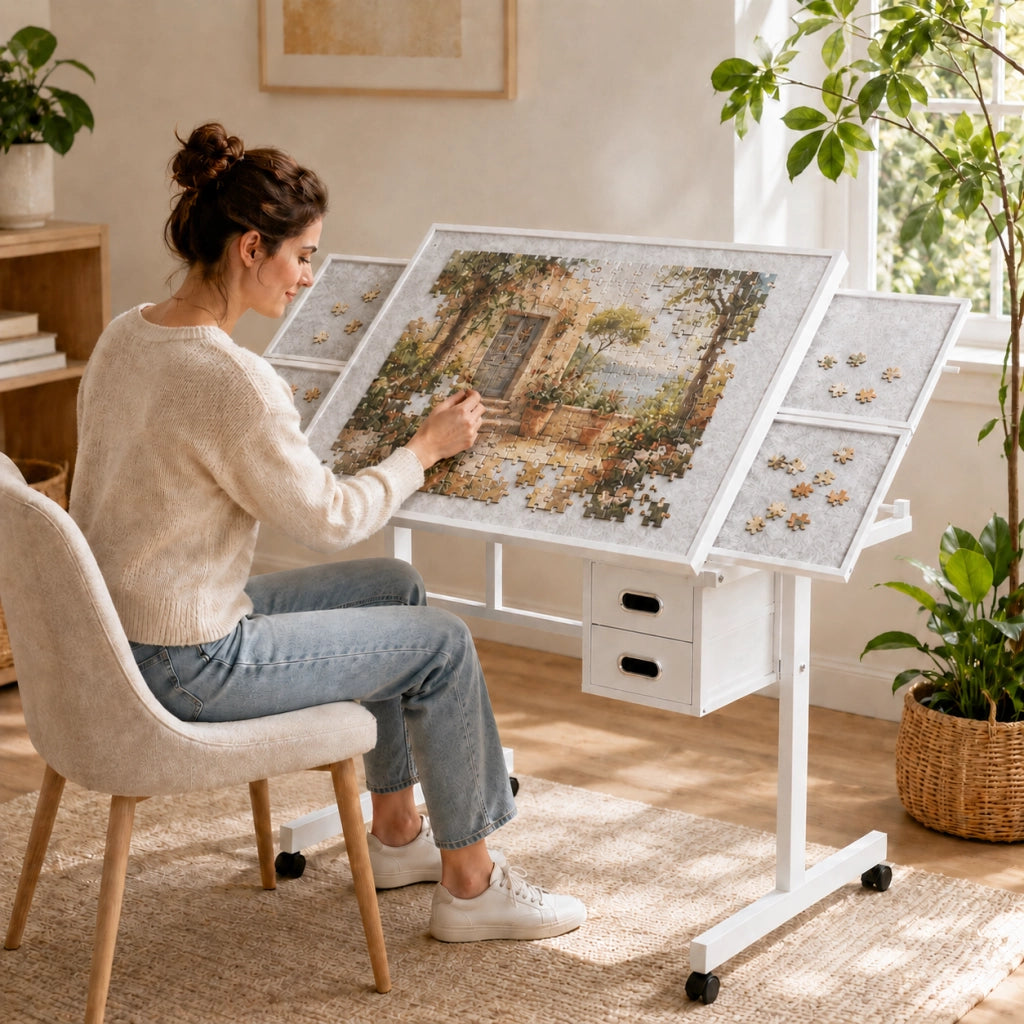 Tavolo per puzzle da 1000 pezzi in MDF e metallo bianco con copertura e ruote