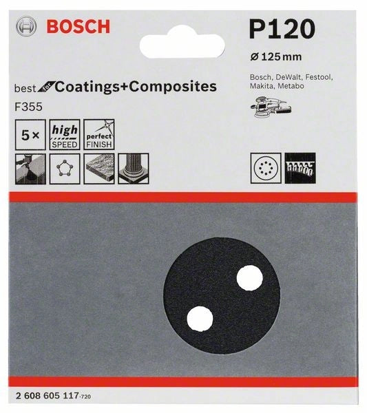 2608605117 - Foglio abrasivo F355, confezione da 5 pz. 125 mm, 120