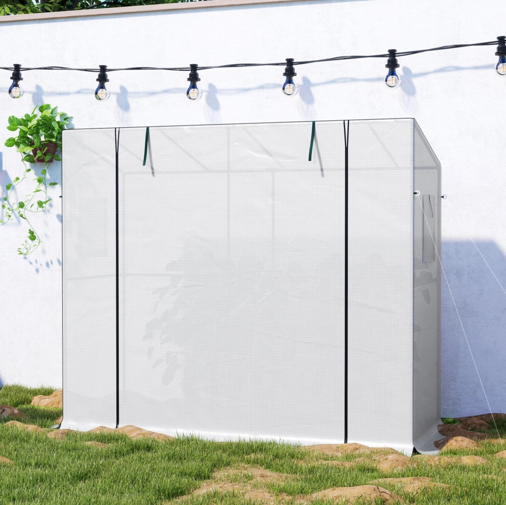 Serra addossata 200x76x170 cm acciaio bianco, porta avvolgibile, 2 finestre
