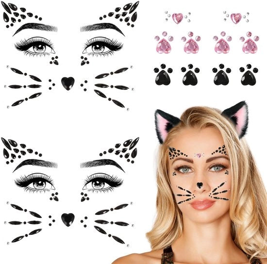 Accessori per costume per animali - Faccia di gatto - Decorazione per il viso - Pizzo con pietre - Sostenibile e lucido - Decorazione per il viso con pietre strass
