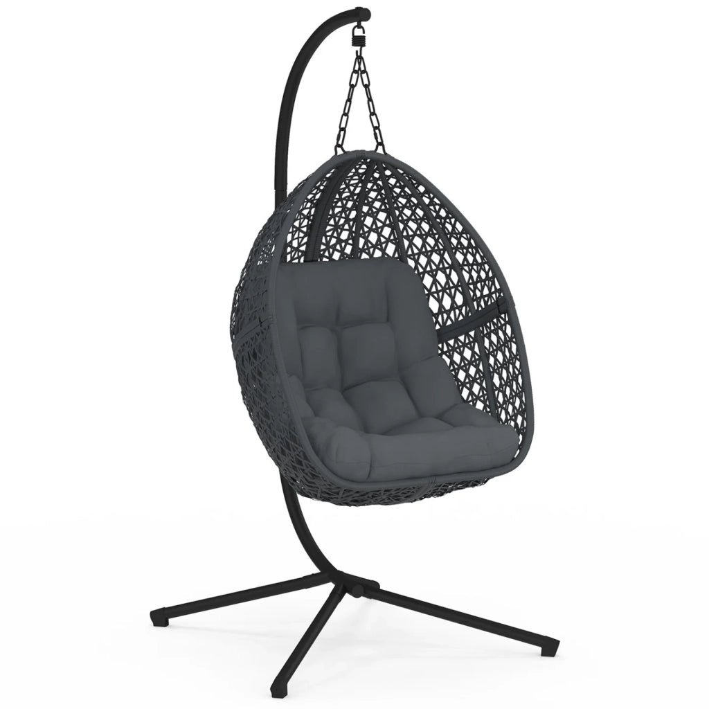 IDMarket - Poltrona a luna sospesa in rattan traforato con cuscino grigio