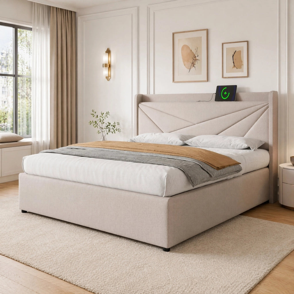 Letto matrimoniale beige 160x200 con contenitore, USB e USB-C
