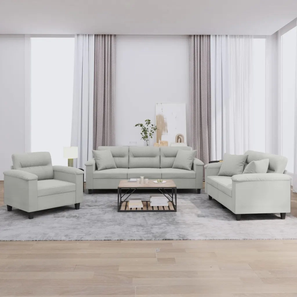 Set Divani 3 pz con Cuscini Grigio Chiaro in Tessuto Microfibra