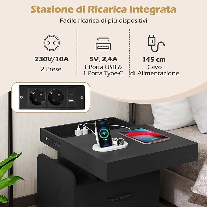 Comodino da Camera da Letto, Mobile Salvaspazio con Stazione di Ricarica, Cassetto, Vano Scorrevole, Vassoio e Ripiani Aperti, Comò per Soggiorno e Ufficio, 50 x 40 x 55 cm (Nero)