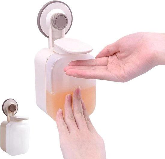 Dispensatore di sapone per cucina e bagno navicella, fissaggio senza perforazione, disinfettante, beige, inclusa dispensa per detersivo, dispensatore a pompa con funzionalità 2 in 1
