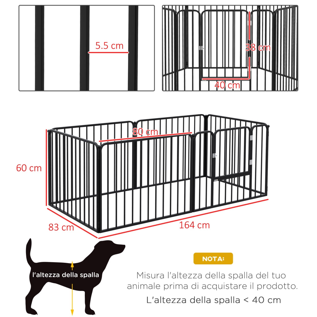 Recinto per Cani 6 Pannelli ¨C Minimal ¨C Acciaio 164x83x60 Nero