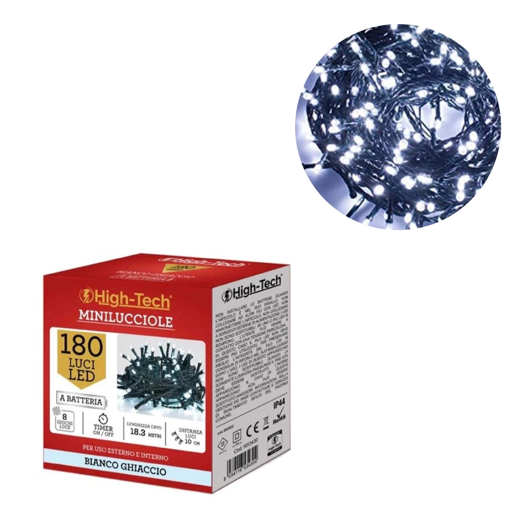 HIGH TECH FILO DI LUCI  A BATTERIA CON 180 LED COLORE GHIACCIO 18.3 METRI