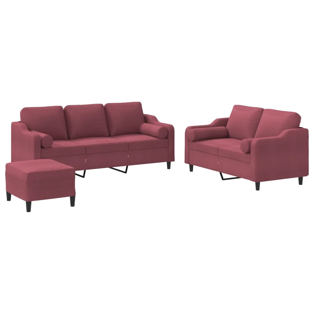 Set di Divani 3 pz con Cuscini Rosso Vino in Tessuto