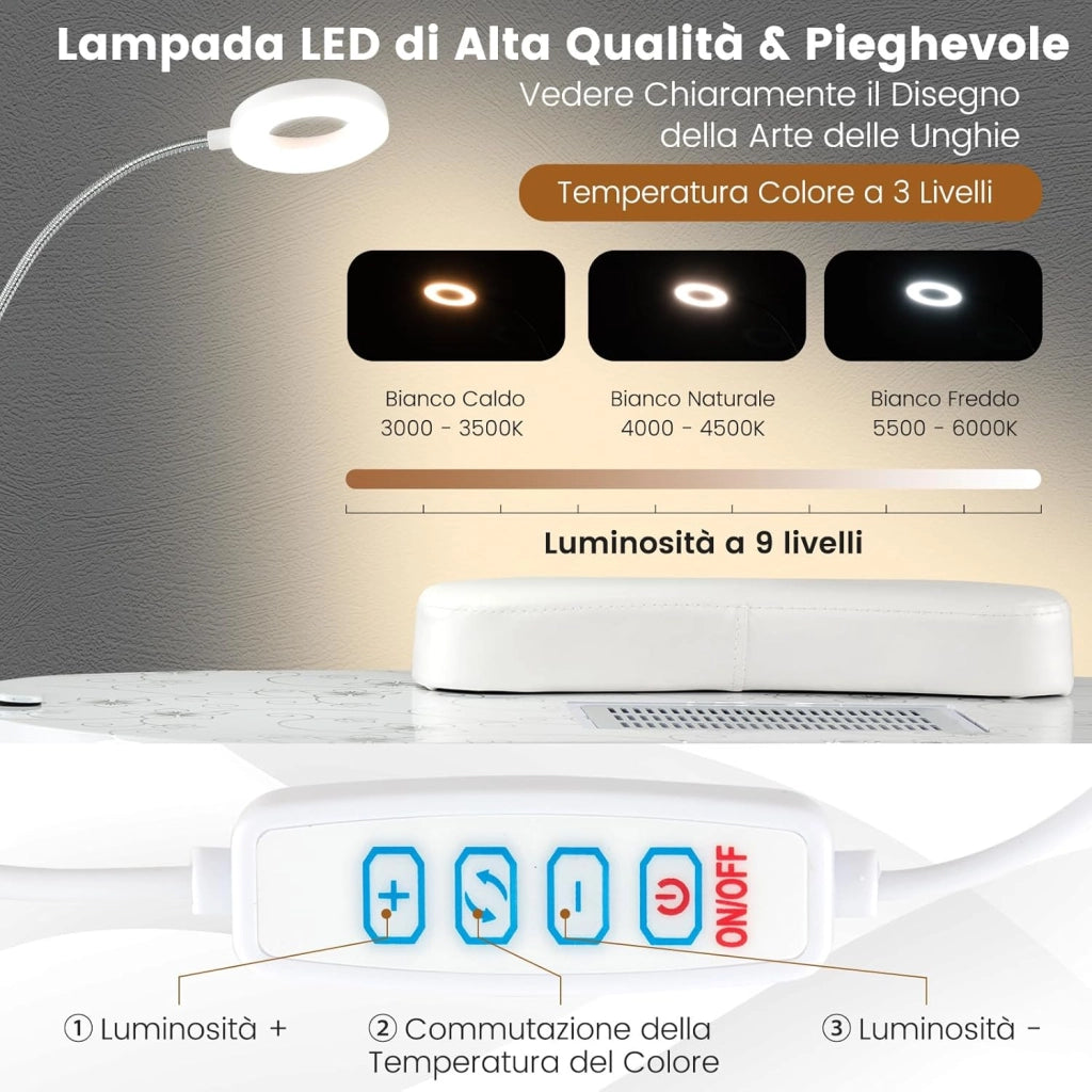 Tavolo per Manicure Pieghevole con Aspiratore, Tavolo per Unghie Portatile con Luce LED Regolabile, Cuscino Poggia Polso Rimovibile, Borsa da Trasporto e 4 Ruote Bloccabili
