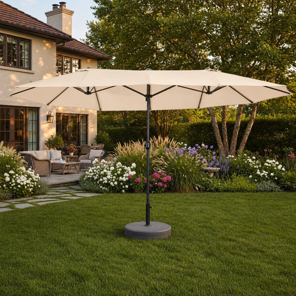 Ombrellone Doppio Da Giardino Parasole 4.6 x 2.4 M Per Esterno Piscina Terrazzo Con Palo In Acciaio E Tessuto In Poliestere Impermeabilie Anti UV Apertura A Manovella Colore Beige