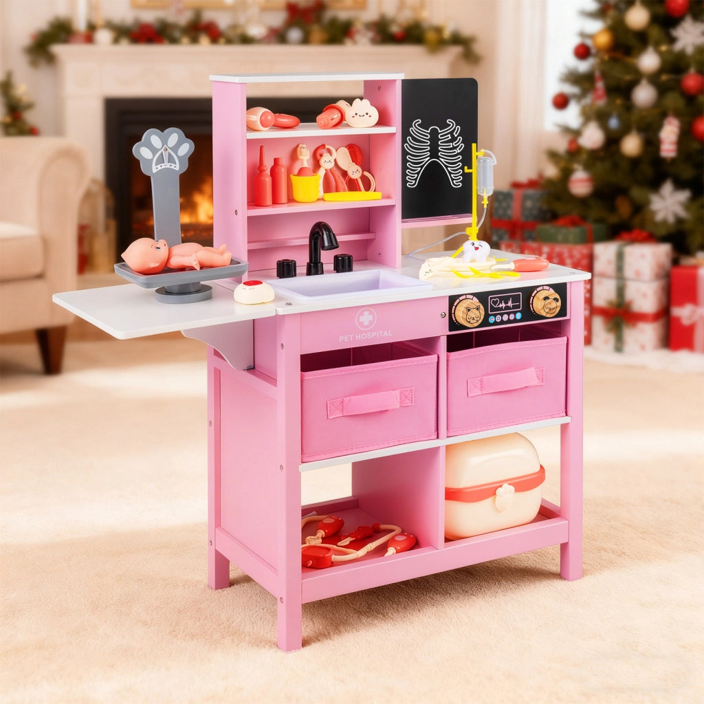 Set gioco medico legno centro medico lavagna bilancia animali rubinetto lavandino-Set ospedale tavolo pieghevole cassetti valigetta accessori Rosa