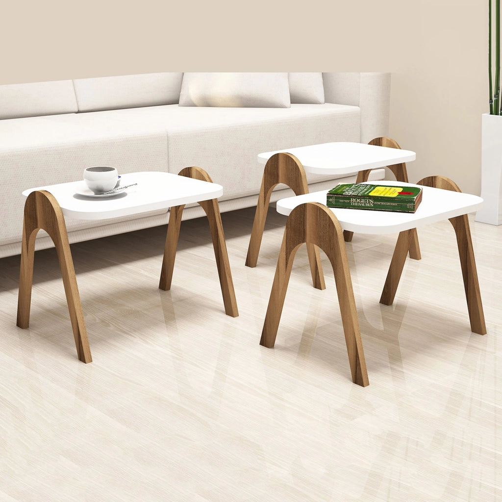 Cerrione, Tavolino da Salotto set 3 Pezzi Impilabili, 49x36x42h cm Bianco