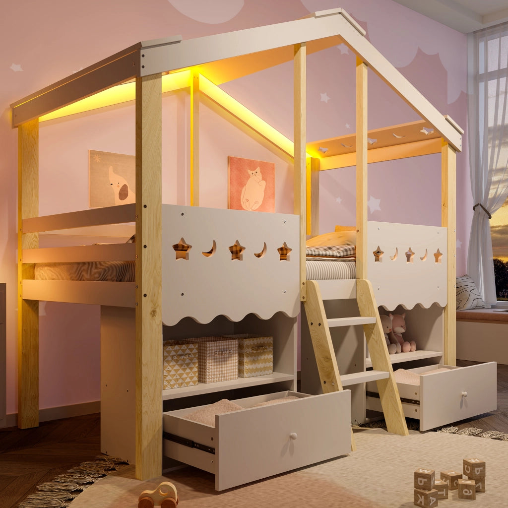 OKWISH Letto a Soppalco 90×200 cm, Letto Singolo con 2 Cassetti, LED Regolabile e Mensole, senza Materasso, in Pino, Bianco e Naturale